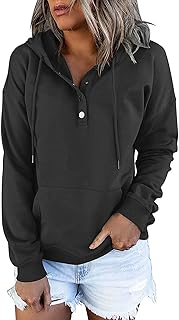 Pocket Down Sleeve Hooded Neck Sweatshirts Hoodies V Casual Pullover For Womens Drawstring Button Long Women's Hoodies Sweatshirts Womens Button down Hoodie