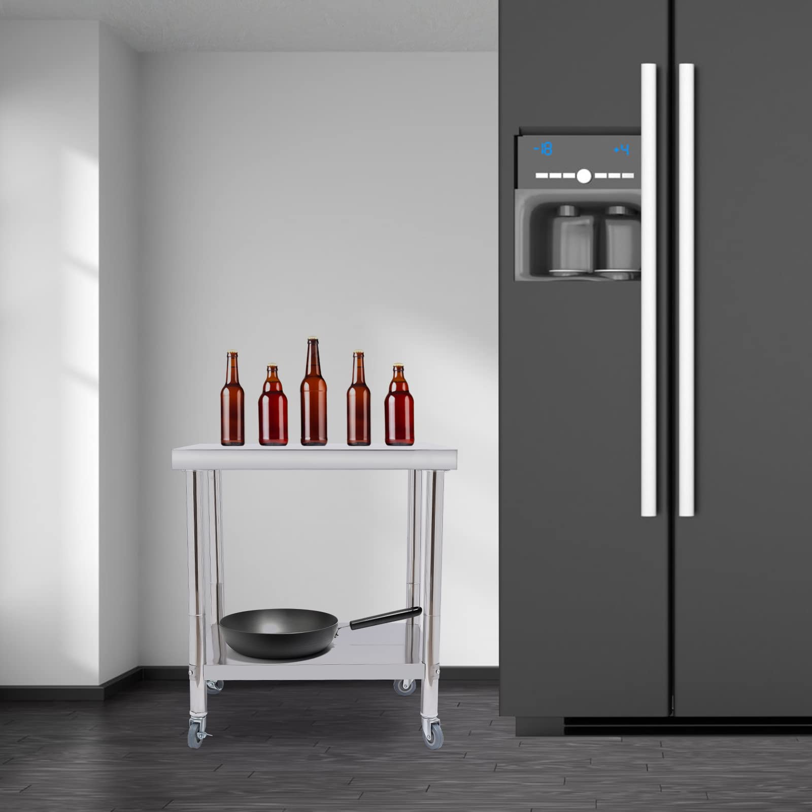Tavolo da lavoro in acciaio inox, 76 x 60 x 85 cm, piano di lavoro professionale con 4 ruote, freno di stazionamento, portata 300 kg, tavolo in acciaio inox, per ristorazione, scuola