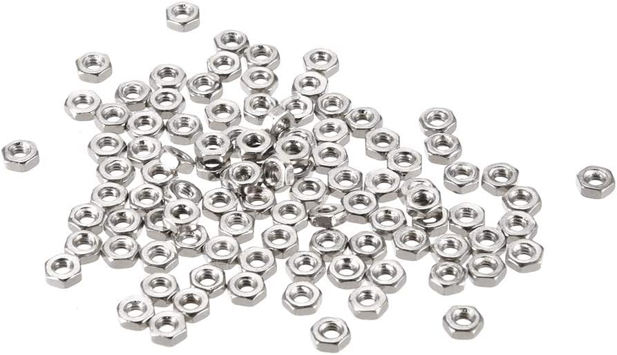 sourcing map Hex Nuts, M2x0.4mm Metric Coarse Thread Hexagon Nut, Carbon Steel, Pack of 100 (Silver Tone)