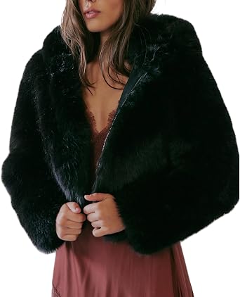 Karwuiio Women Faux Fur Coat Fluffy Long Sleeve Zip Hooded Open Front Shaggy Jacket Warm Short Outwear