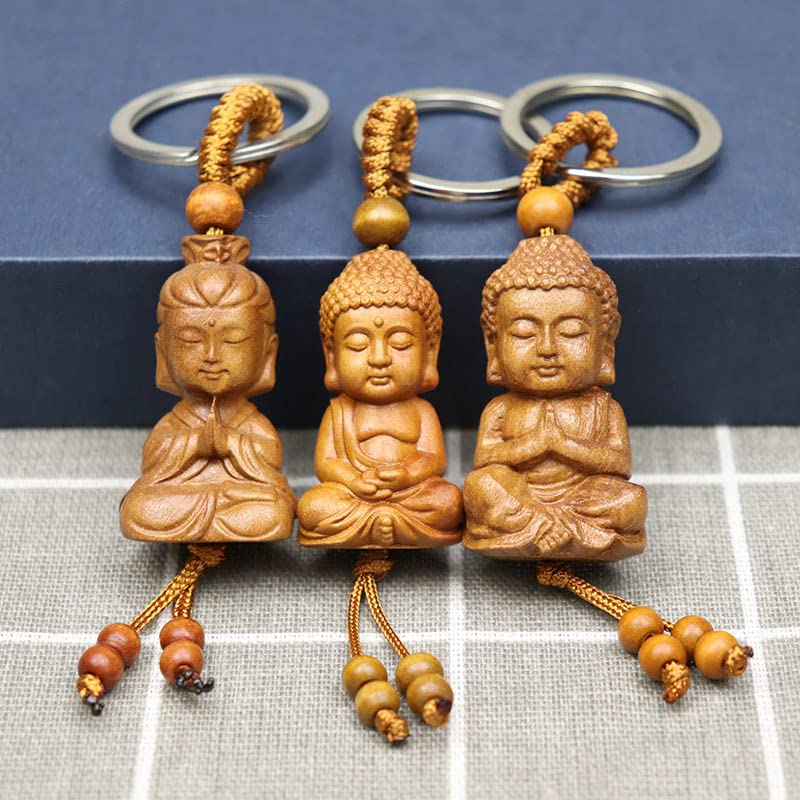 alslovkar 3 Pièce Porte-Clés Bouddha en Bois Bouddhisme Keychain Mini Bouddha Porte Bonheur Convient pour Le Cadeau Porte-Bonheur Pendentif Voiture Bricolage