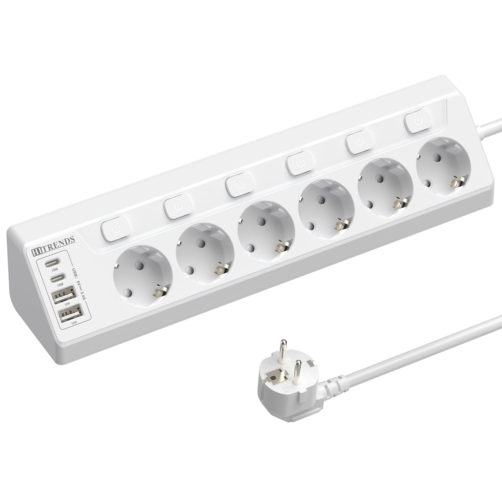 Regleta de esquina con 2 tipo C y 2 USB A, regleta de 6 enchufes, conmutable individualmente, enchufe múltiple de pared, 2500 W, 16 A, cable de 2 m (blanco)