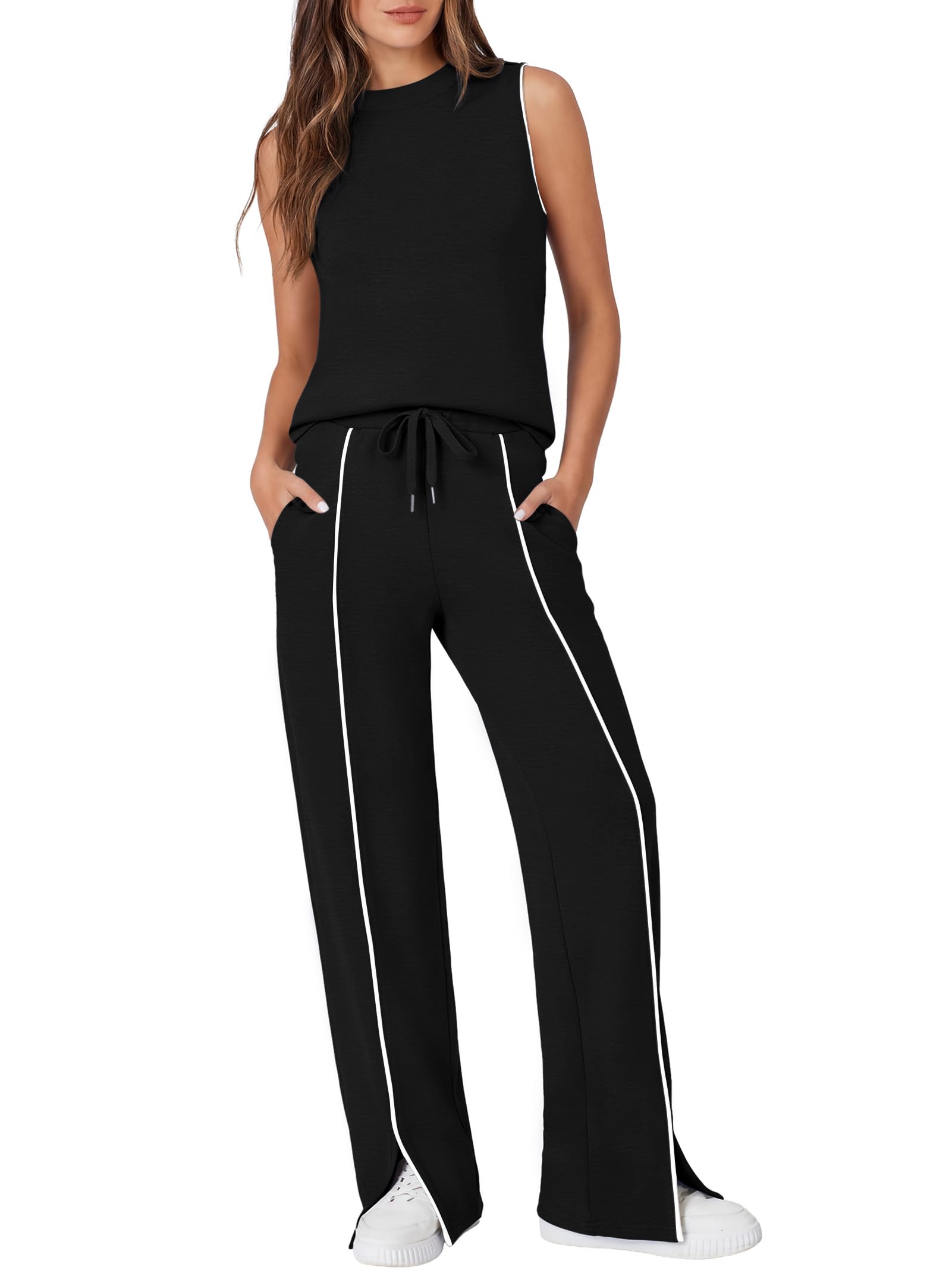 Casly Lamiit Two Piece Set for Women Summer Outfits Mock Neck Sleeveless Tank Top Wide Leg Pants Athletic