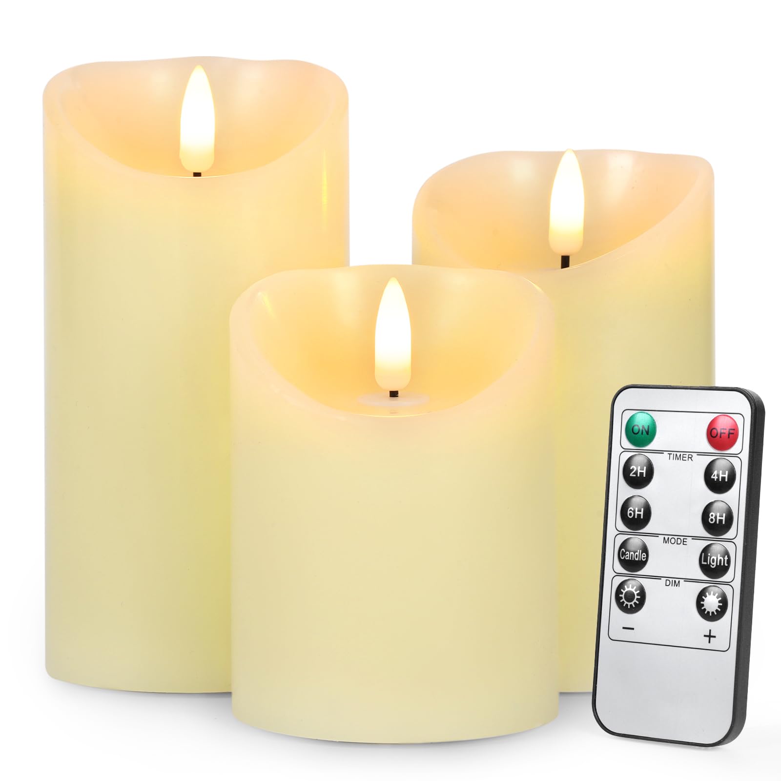 Battery Operated LED Flameless Candles with Remote and Timer, Pillar Real Wax Candles Flickering Wick for Festival Wedding Home Party Decor(Pack of 3)-Classic Ivory