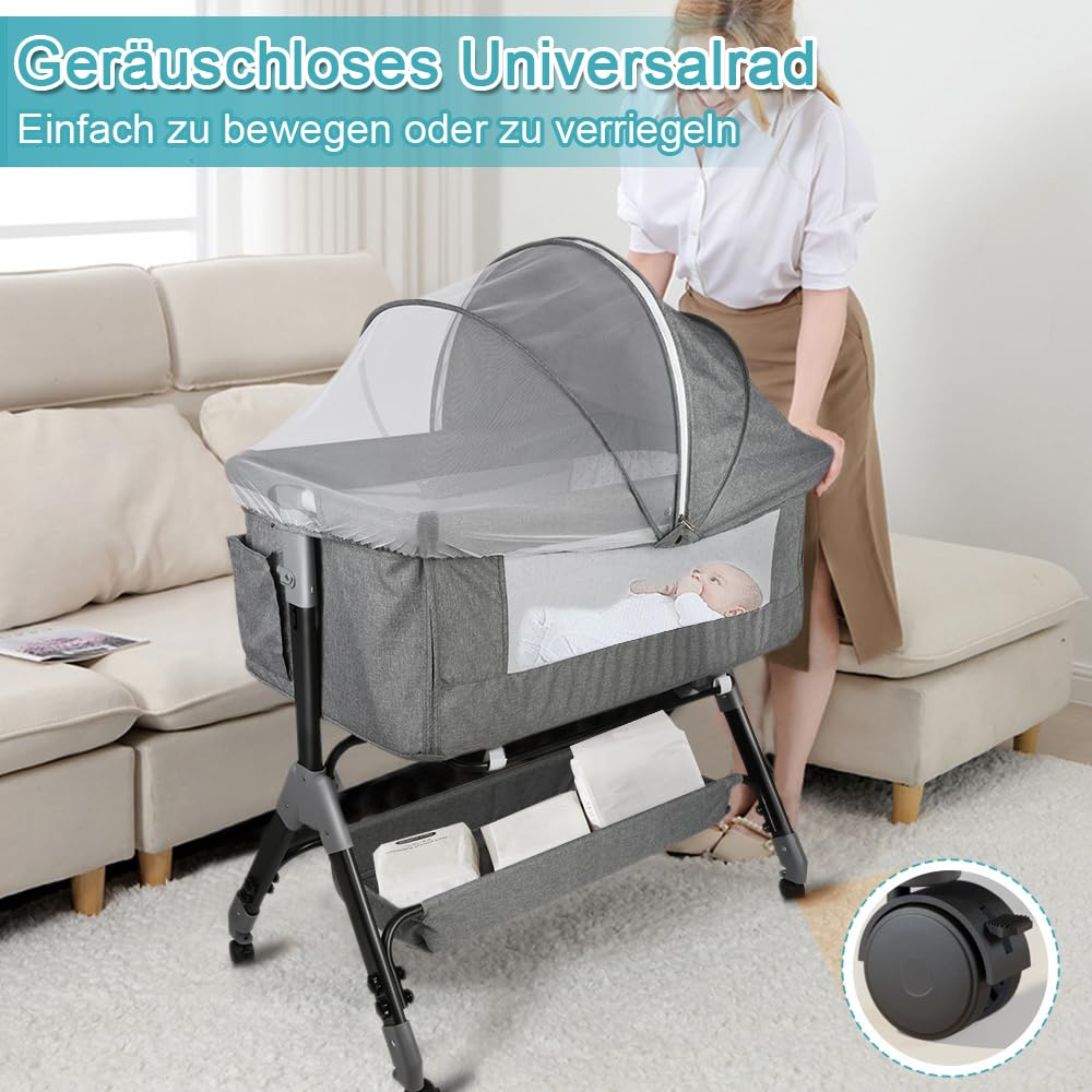 Lit bébé cododo, Lit Bebe avec Matelas de la Naissance, cododo evolutif lit Bebe,Pieds en Forme de Y,4 hauteurs réglables,104 * 52 * 100-110cm,Gris Lin