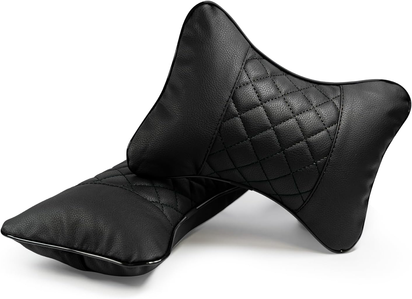 Set of 2 Quilted Faux Leather Car Headrest Pillow, Black Case/Black Threading, Ergonomic Neck Support for Comfortable Driving