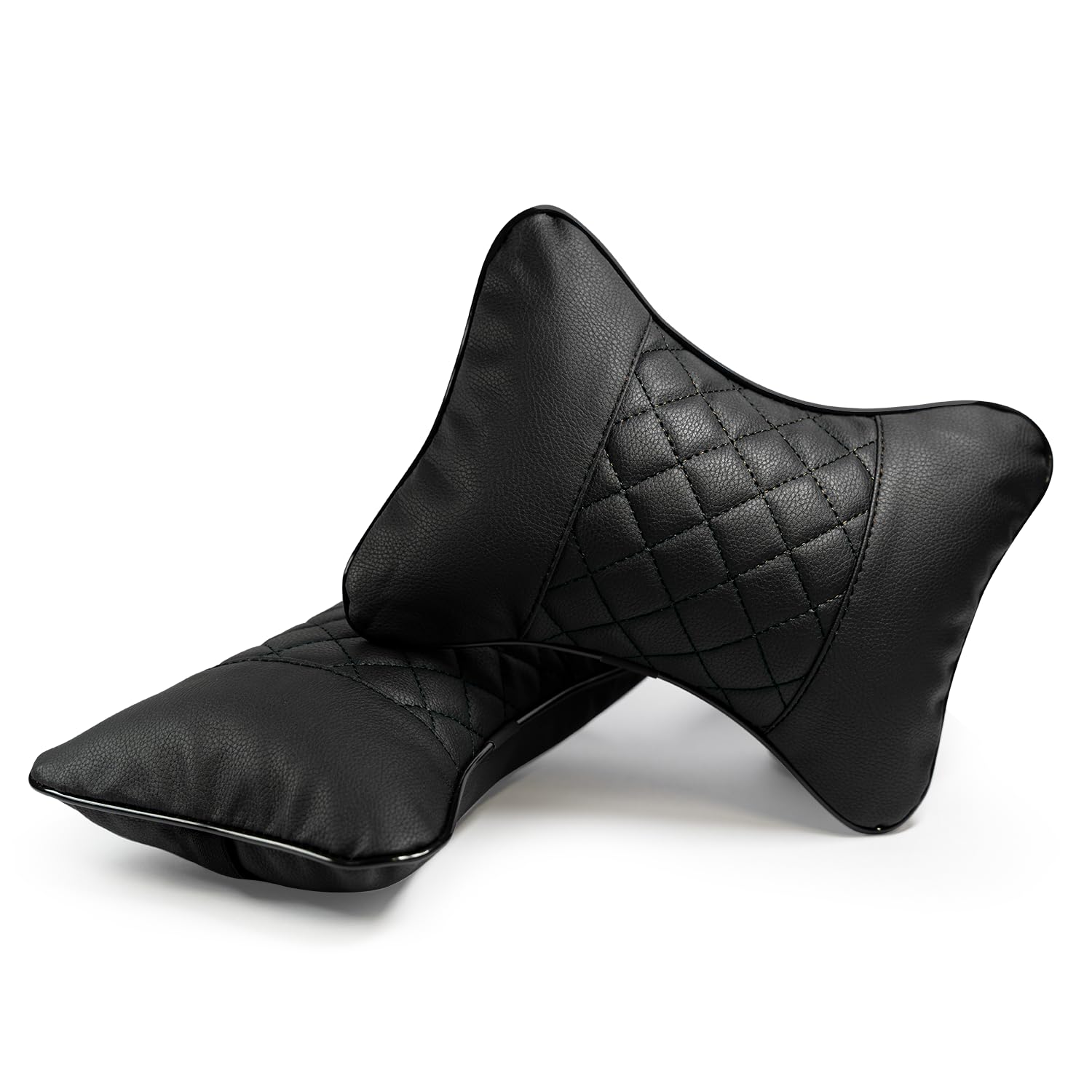 Set of 2 Quilted Faux Leather Car Headrest Pillow, Black Case/Black Threading, Ergonomic Neck Support for Comfortable Driving
