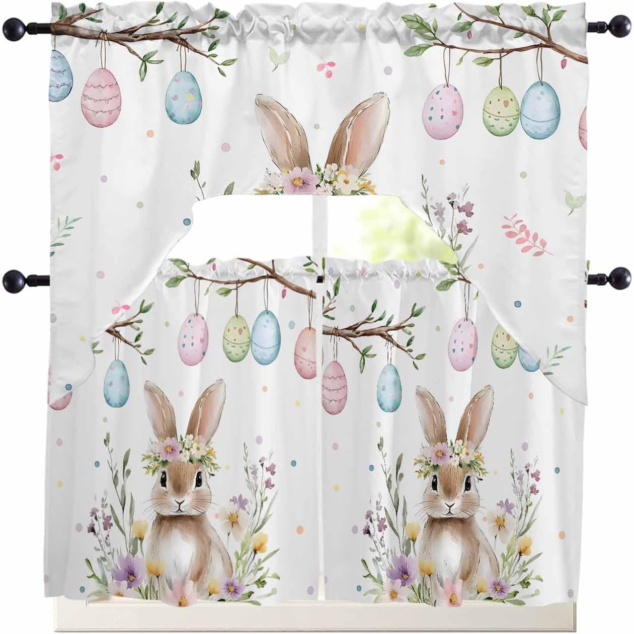 BEMIGO Spring Easter Bunny Kitchen Curtains Window Curtains and Valance Set, Egg Flowers Rod Pocket Valance for Kitchen Bathroom Bedroom Window 56" x 36" Valance, 27" x 24" Tier