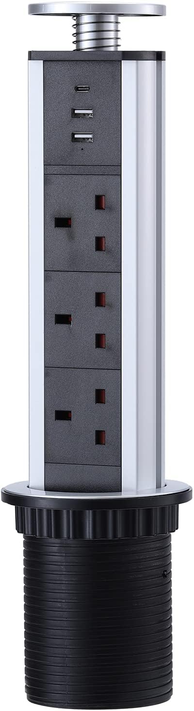 Pull Pop Up Power Sockets for Kitchen Worktops Electrical Plug Socket with 1 Type-C & 2 USB Charging Ports, Silver