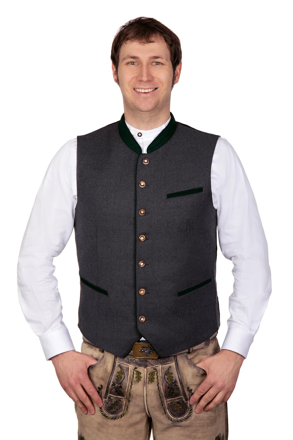 Edelnice Trachtenmode Elegante weiche Woll Trachtenweste Gilet Roland grau mit grünen Paspeln Gr. 46-64 54 G