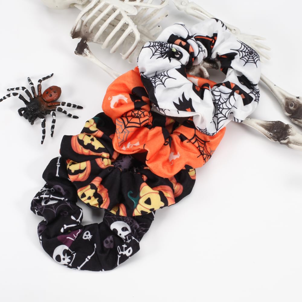 4pcs Halloween Hair Ties Elastics Hair Scrunchies Pumpkin Ghost Skeleton Spider Web Bats Hair Accessories for Women Girls Ponytail Holder Hair Band Ropes image 2