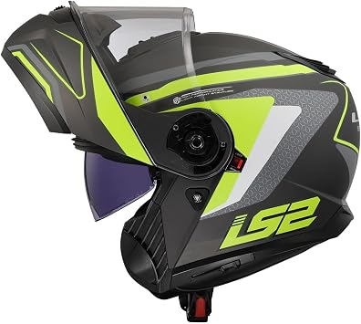 LS2 STROBE 2 Phantom Mat Titanium-Neon Sarı Kask, ECE 22.06 P/J Sertifikalı Çene Açılır Modüler Kask, KPA Kabuk, Dahili Güneş Vizörlü, Gözlük Uyumlu