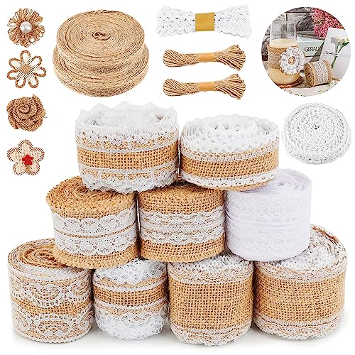 Cinta de Arpillera Natural 13 Rollos de Cinta de Yute con Encaje Vintage con 2Pcs 10M de Hilo de Yute y 4 Flores Cinta de Yute para Manualidades, Decoración, Bodas, Envolver Regalos