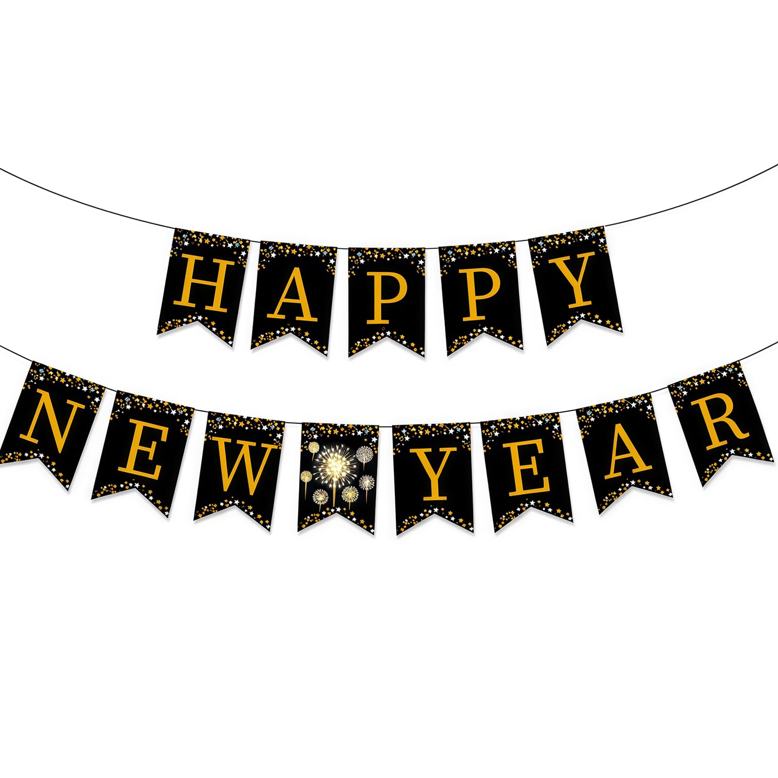 Happy New Year Banner, Black Bunting with Gold Alphabet for New Years Eve Decorations 2026, Colour