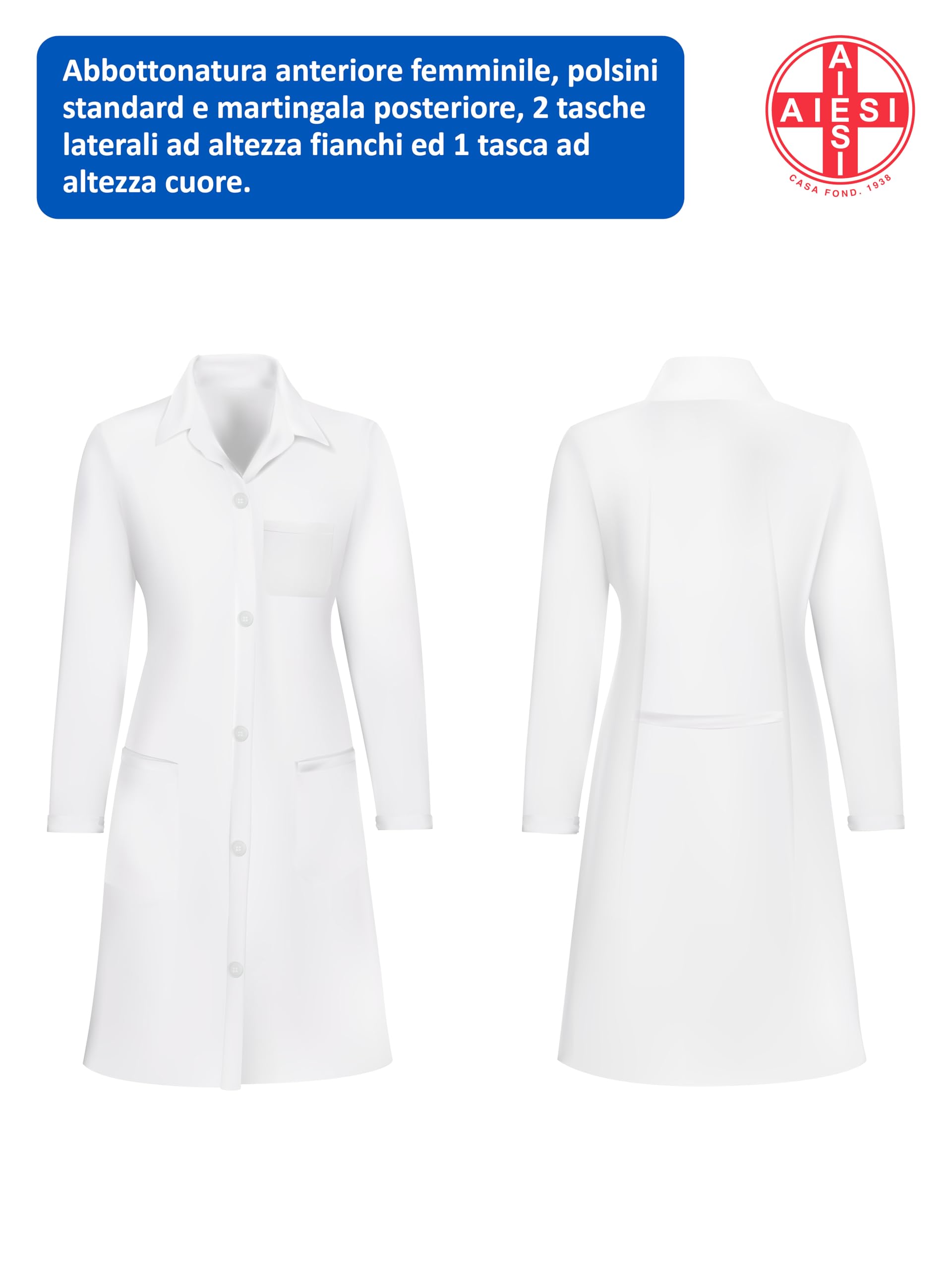 AIESI® Camice medico e da laboratorio per donna bianco in cotone 100% sanforizzato