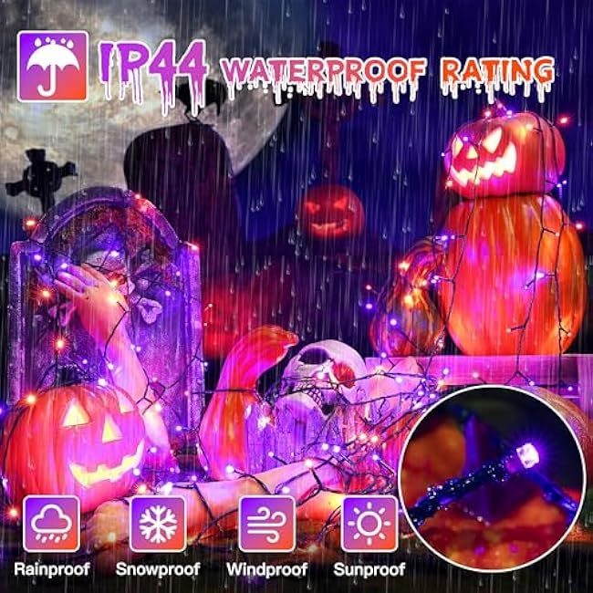 66FT 200 LED Halloween Lights, Orange + Purple Halloween Lights Outdoor with 8 Lighting Modes, Waterproof String Lights for Halloween Christmas Outdoor Party Yard Garden Decoration
