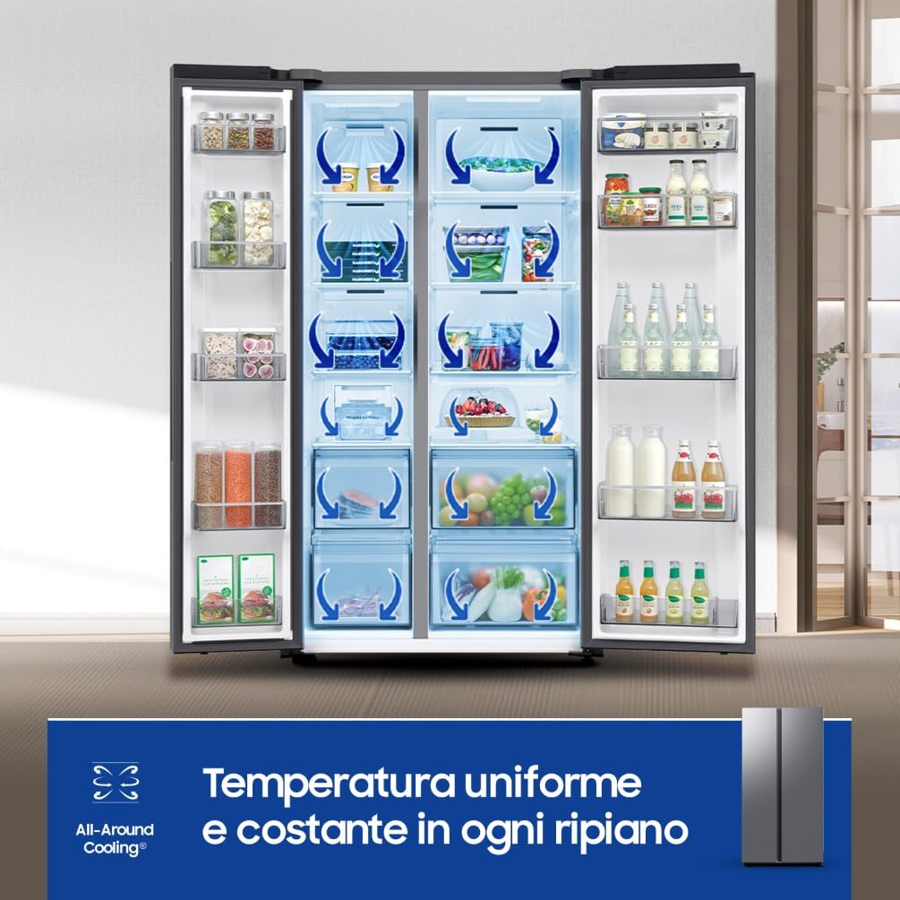 Samsung Frigorifero Side by Side AI RS70F65QET/EF, All-Around Cooling, Wifi con AI Energy Mode, Total No Frost, SpaceMax, 655 L, LxAxP: 91,2 x 178,4 x 72,6 cm, Metal Inox