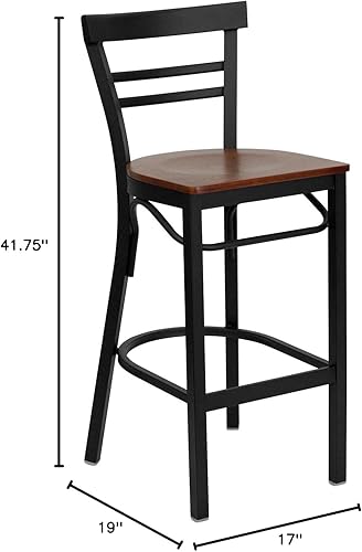 Miniatura 3 de Flash Furniture HERCULES Series - Taburete de bar de metal con respaldo de escalera de dos listones color negro - Asiento de madera de cerezo