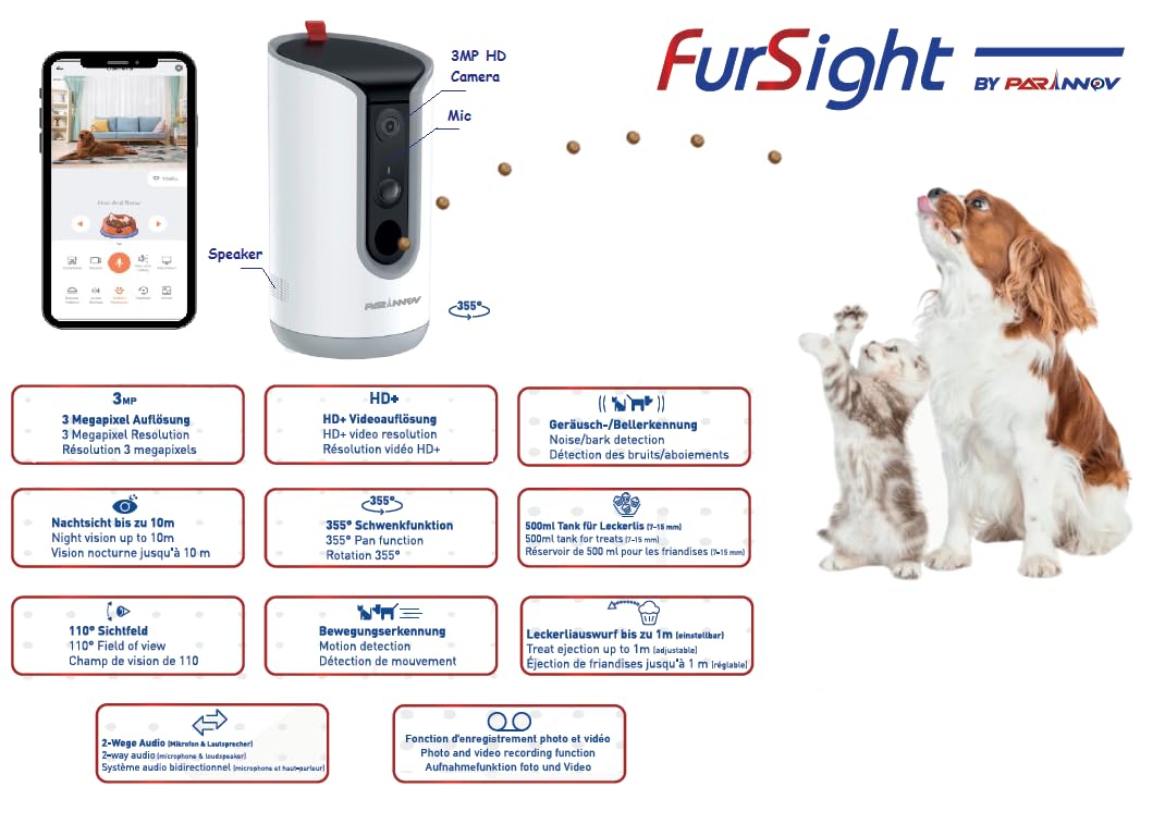 3M Camara Vigilancia Mascotas [sin SUSCRIPCIÓN] Vista Remota 360°, Dispensador de Croquetas y Golosinas vía App, WiFi, Nocturna, Camara vigilancia Perros, Camara Gatos, Detección de Ladrido