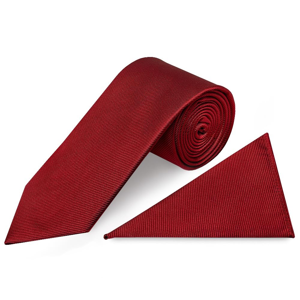 TIES R US Mens Classic 100% Silk Twill Wedding Classic Tie and Pocket Square Set (Red)