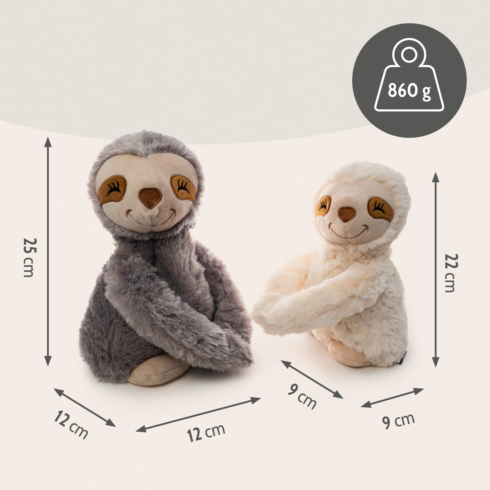 Habibi Plush Premium – 1960 Hugys Perezoso Mamá (Gris) + Niño (Crema), con cojín de grano extraíble – Cojín térmico para calentar en microondas o horno