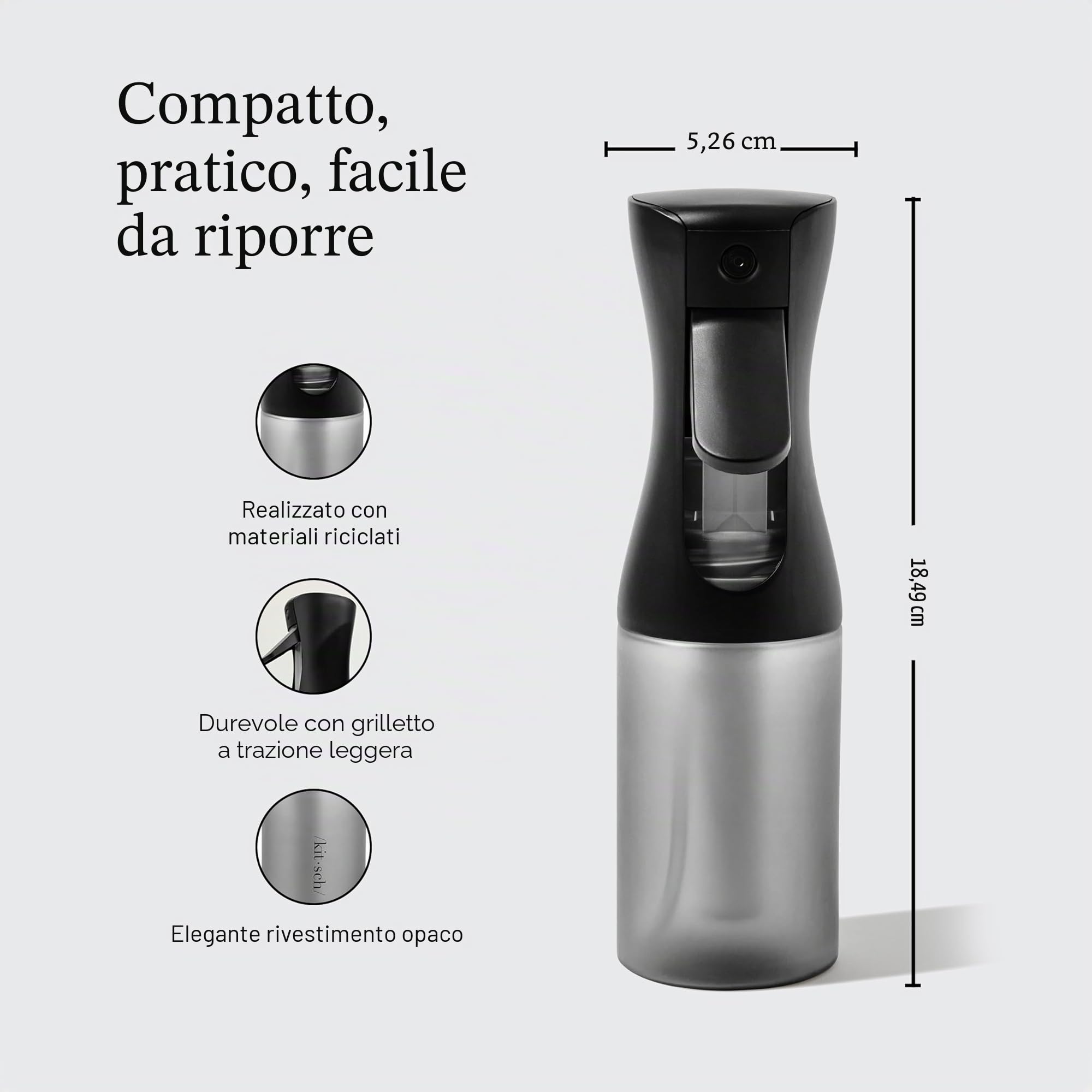 Kitsch Flacone spray continuo per capelli – Nebulizzatore d'acqua a nebbia fine – Flacone spray per capelli riciclato – Flaconi spray per pulizia, styling, piante e altro – Nero, 150 ml