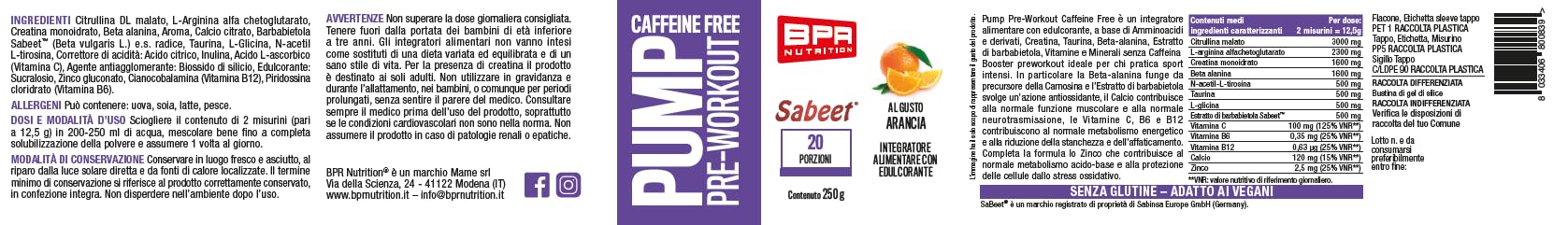 BPR Nutrition - PUMP PRE-WORKOUT CAFFEINE FREE 250 g - Booster ideale per chi pratica sport intensi