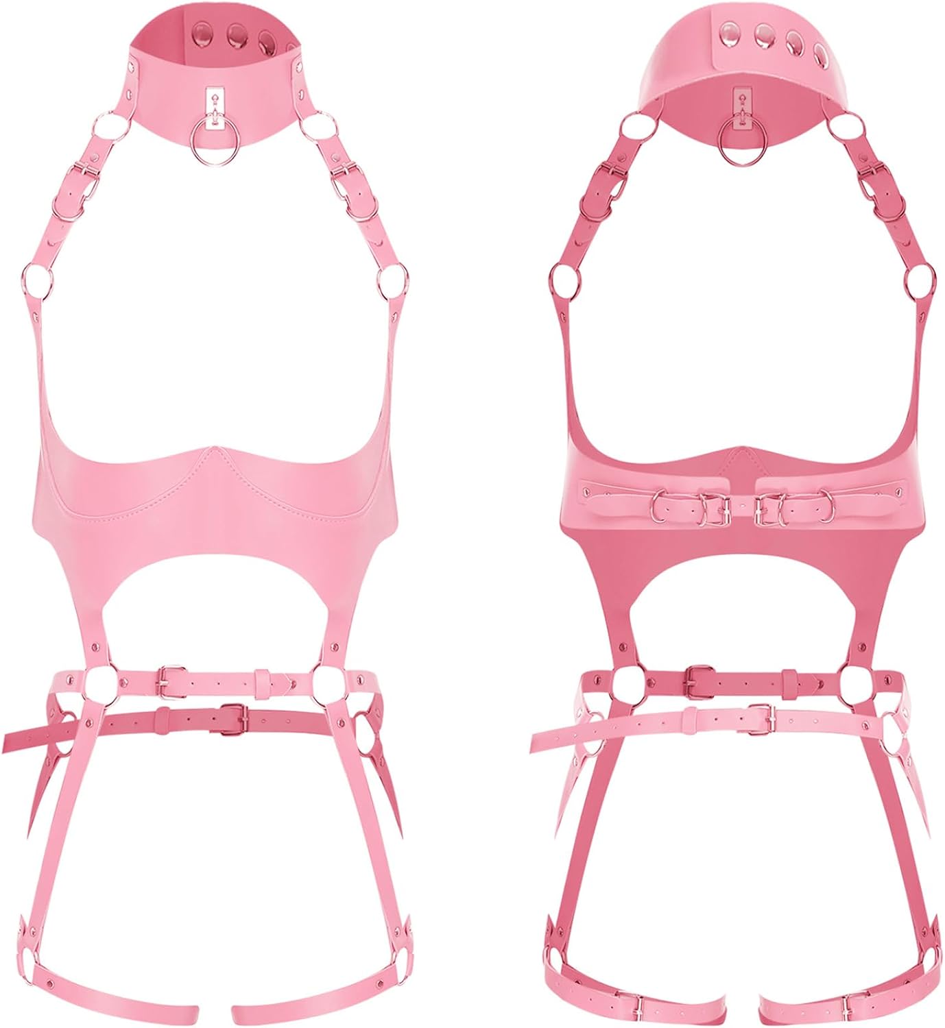 Women's Metal O-Ring Faux Leather Chest Harness Choker Bra Cage Adjustable Straps