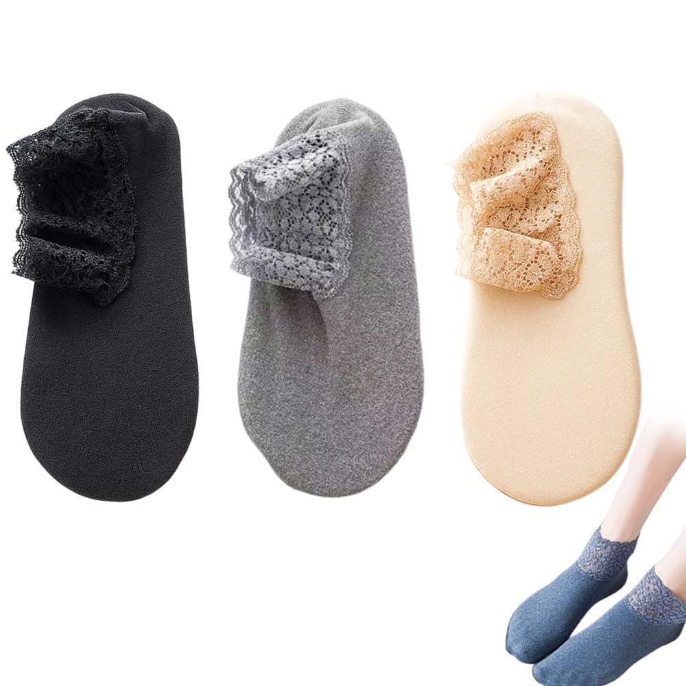 3Pairs Women Lace Warm Socks, Socks for Woman, Ladies Socks, Soft Solid Color Cotton Blend Socks with Lace Trim, Non-Slip Breathable Warm Socks for Girls Winter-image-3