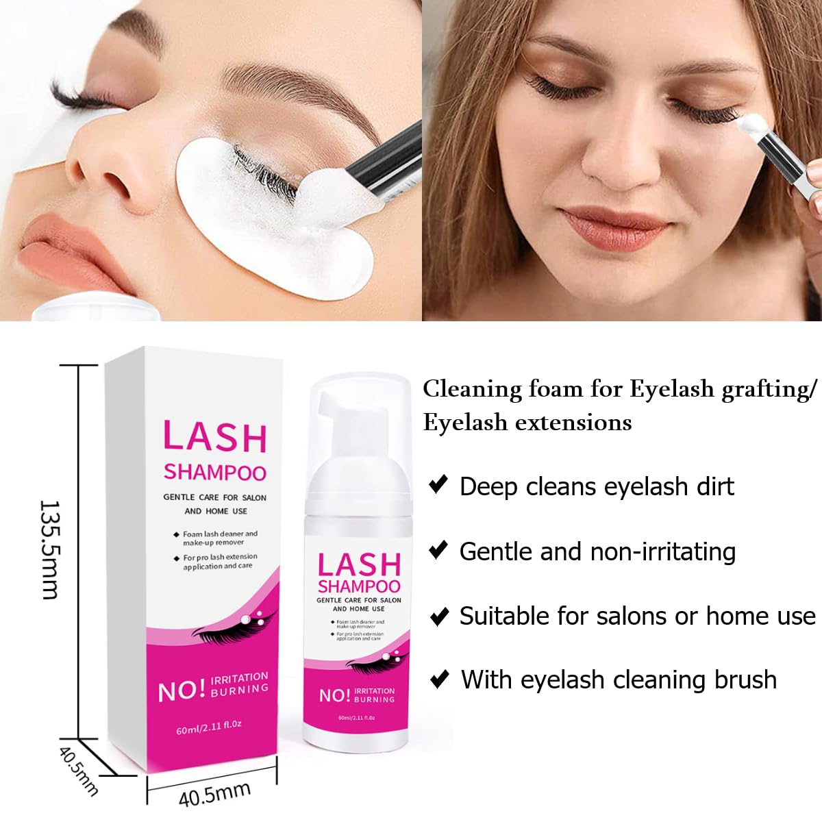 Champú de extensión de pestañas de 60 ml con 2 cepillos, champú para pestañas para extensiones de pestañas, pestañas naturales, limpiador espumante, salones de espuma para el hogar, seguro para