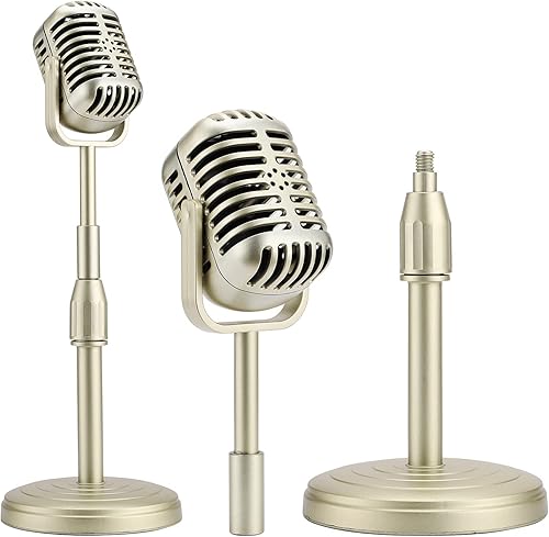 Facmogu Modelo de micrófono de escritorio vintage con altura ajustable, soporte de micrófono de estilo retro clásico, decoración de micrófono falso