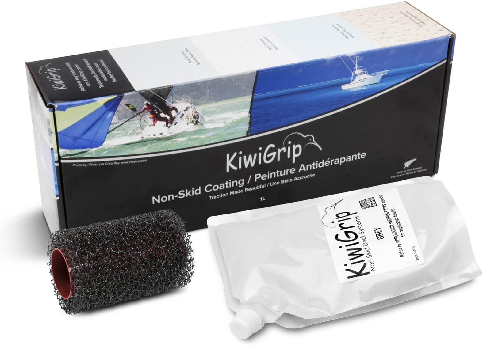 KiwiGrip Non-Skid Deck Coating with Proprietary Paint Roller - Adjustable Texture & UV Resistant Deck Paint - Easy to Use Anti-Slip Traction Coating for Boat Deck & Pool - Light Grey, 1 Liter Pouch