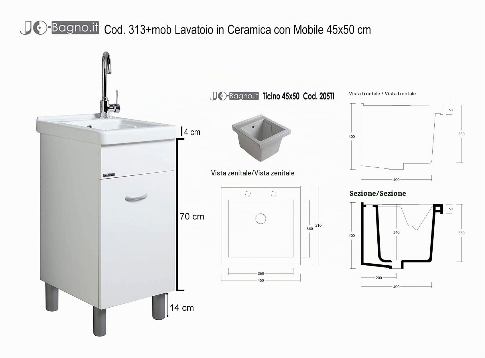 Jo-Bagno.it Lavatoio 45 x 50 x 88H in Ceramica con Mobile Lavanderia Asse di Lavaggio e Sifoneria Inclusa