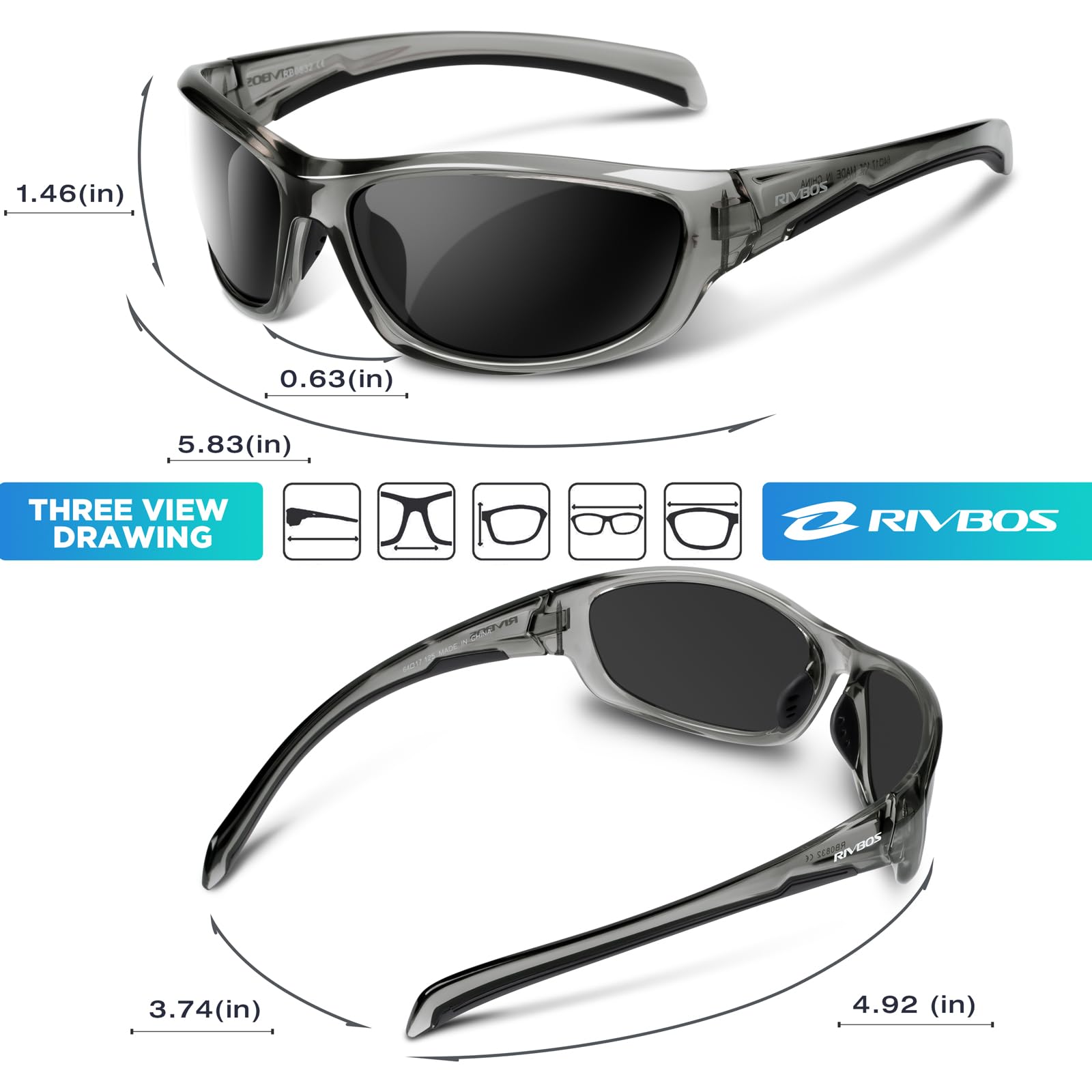 RIVBOS Polarized Sports Sunglasses Driving shades For Men TR90 Unbreakable Frame RB832, Transparent Blackgrey - Image 2