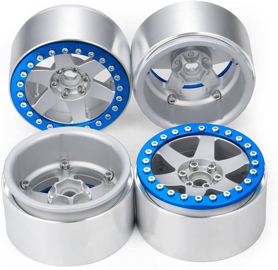RCLIONS 2.2" Beadlock Wheels 35mm Aluminum Rims for AXIAL Wraith RR10 TRX4 1/10th RC Crawler Truck Car (Matte Silver&Blue)