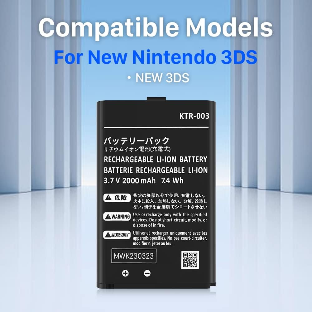 New 3DS Battery Pack, 2000mAh (2023 New Upgrade) Rechargeable Lithium-ion Battery KTR-003 Compatible with New Nintendo 3DS N3DS