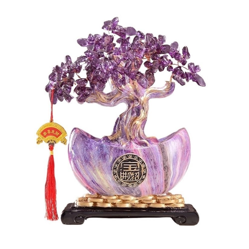 Home Decor Amethyst Fortune Tree with Gold Ingot, Crystal Ornaments Living Room Office Feng Shui Bonsai