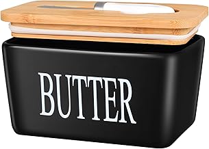 Butter Dish with Lid and Knife for Countertop, Airtight Covered Porcelain Butter Storage, Large Ceramic Butter Container with Sealing Lid, Butter Dishes, ADIVEE (Black)