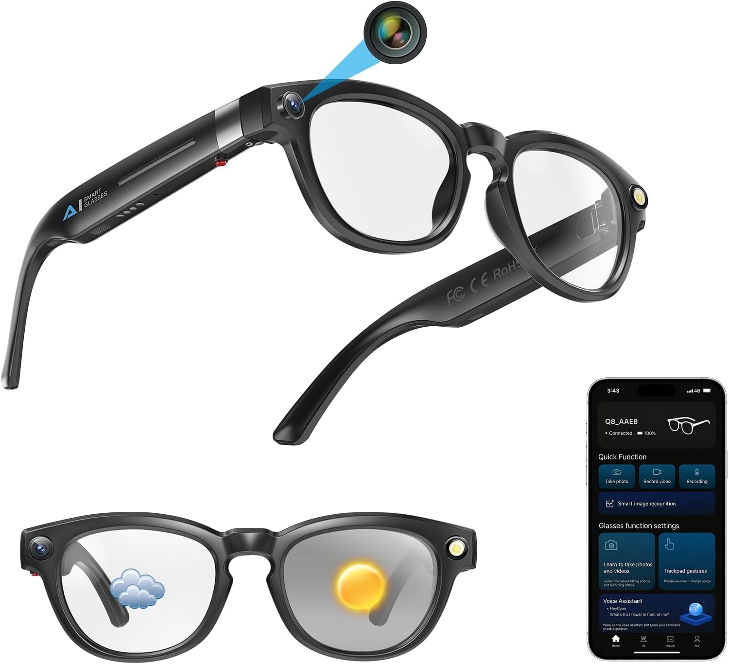 AI Sensible Glasses with Digicam, 1080P Video Recording, AI Actual-Time Translation, Bluetooth Open-Ear Audio, Voice Assistant, Fingers-Free Calls, Recording & Vlog, Sensible Journey Glasses