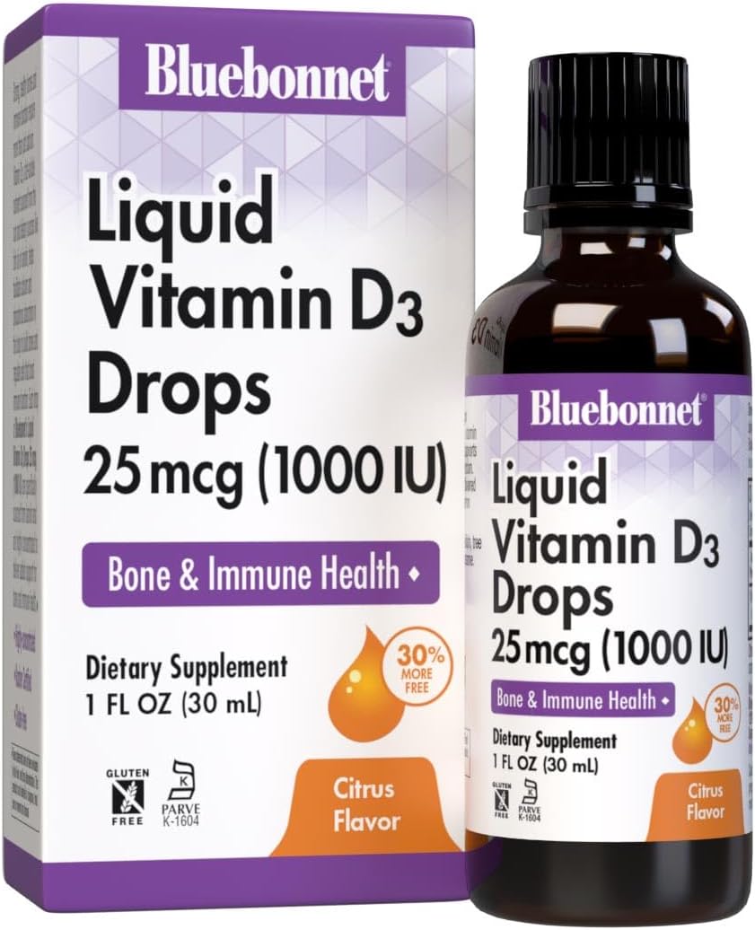 BlueBonnet Vitamin D3 1000 IU 25mcg Strong Bones & Immune Support Supplement – Liquid Vitamins for Women & Men – Lanolin VIT D Drops with MCT Oil – Non-GMO, Vegetarian – Citrus Flavor – 1 Fl Oz BlueBonnet Vitamin D3 1000 IU 25mcg Strong Bones & Immune Support Supplement – Liquid Vitamins for Women & Men – Lanolin VIT D Drops with MCT Oil – Non-GMO, Vegetarian – Citrus Flavor – 1 Fl Oz