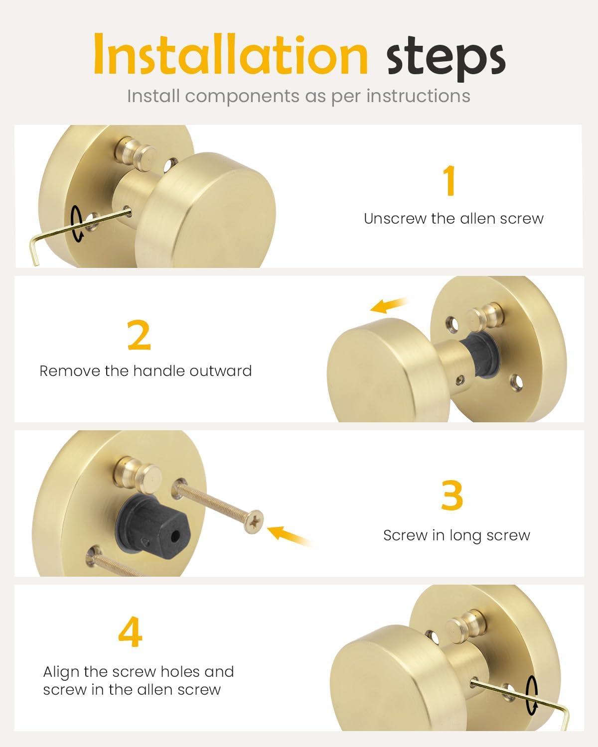 Goldenwarm Gold Door Knobs Interior, Zinc Alloy Round Ball Brushed Gold Privacy Door Knobs for Bedroom, Bathroom, Modern Heavy Duty Interior Doorknobs - 6 Pack