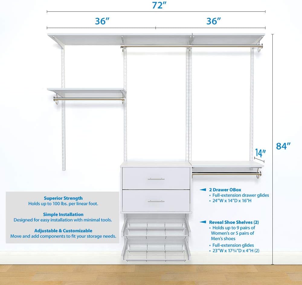 Organized Living freedomRail Adjustable Closet Organizer Kit, 72"- 76",White