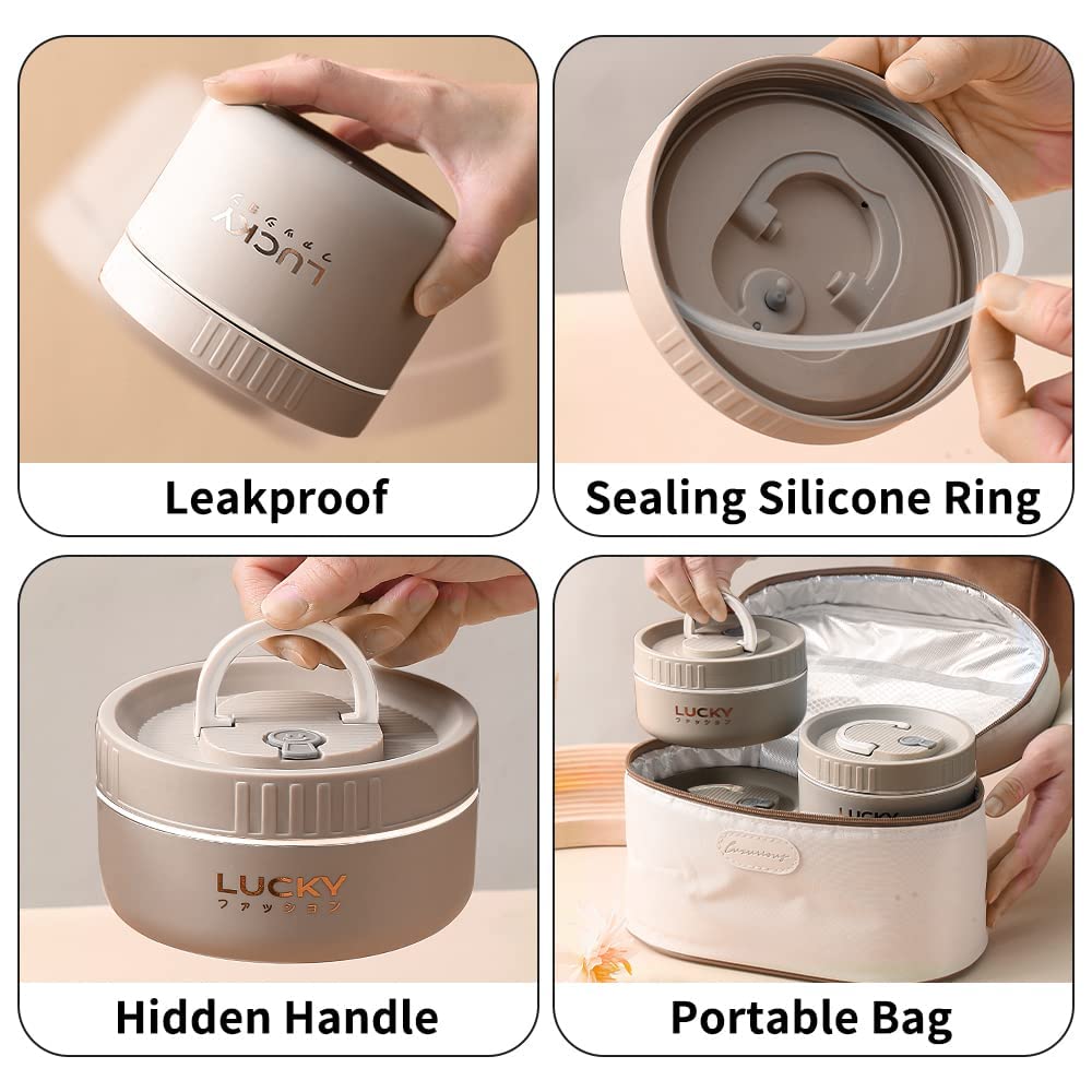 Juego de contenedores de almuerzo portátiles aislados, caja Bento para adultos con bolsa de almuerzo aislada, 4 contenedores térmicos apilables separados para adultos, color marrón 6
