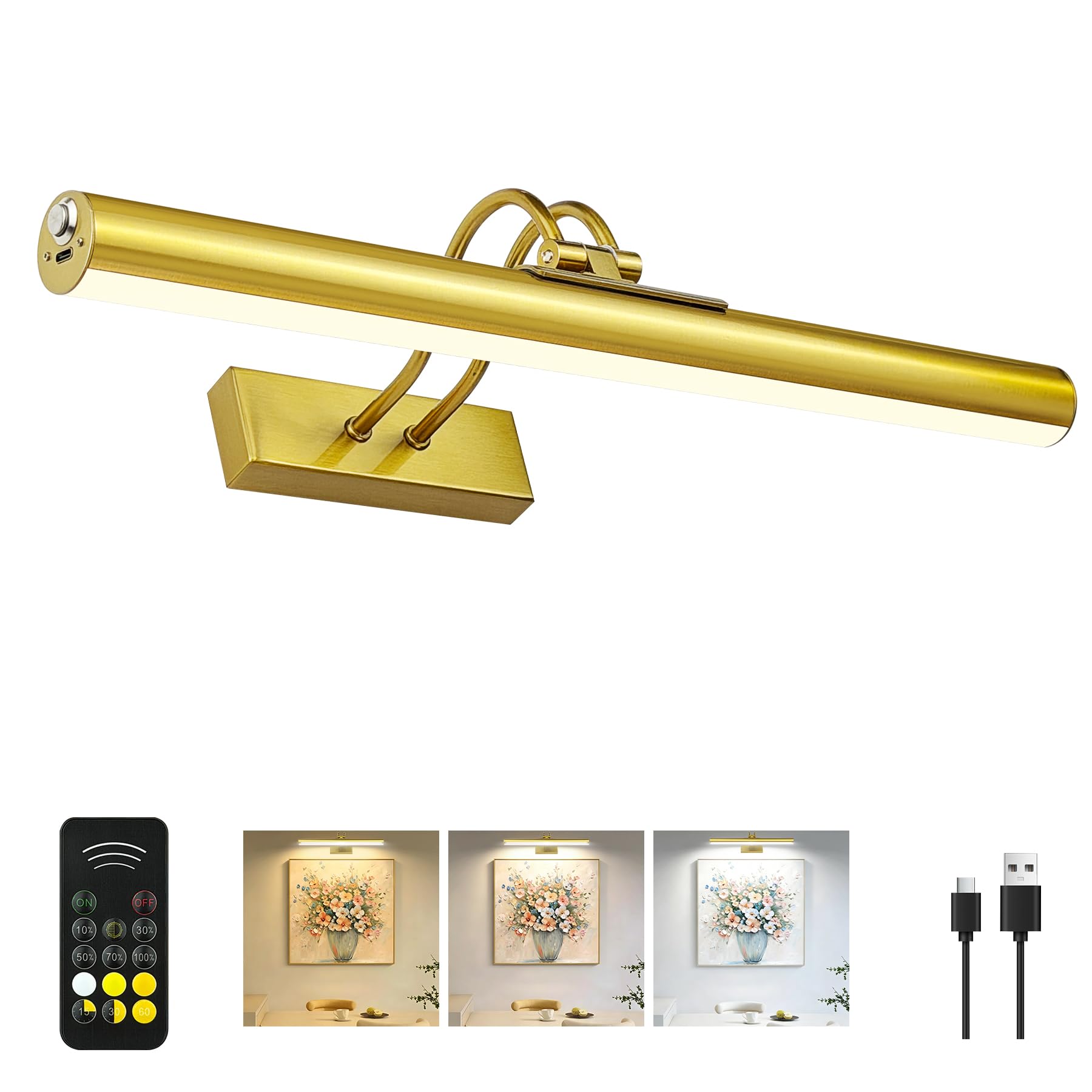Picture Light,Magnetic Cordless Wall Light,16inch Art for Painting Light,5000mAh Battery Accent Light with Remote Timer and Dimmable for Display, Frame, Portrait, Artwork-Copper