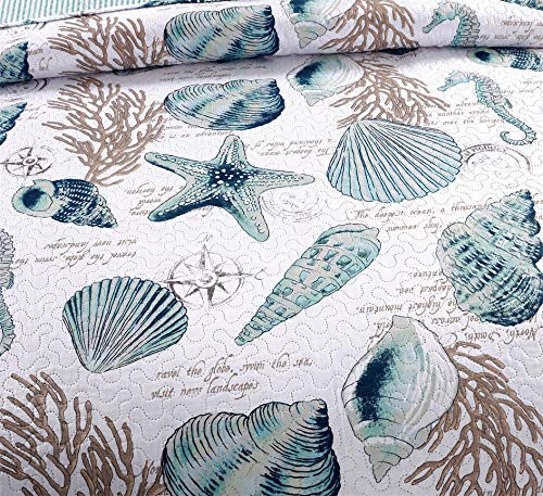 3-Piece Reversible Nautical Theme Bedspread Coverlet Queen(90x90 Inches),Blue-Green Seashells Coral Beach Bedding Sets,Lightweight Quilt Set Bed Cover,Coastal Bed Set for All Seasons(Cyan,Full/Queen) - Image 3