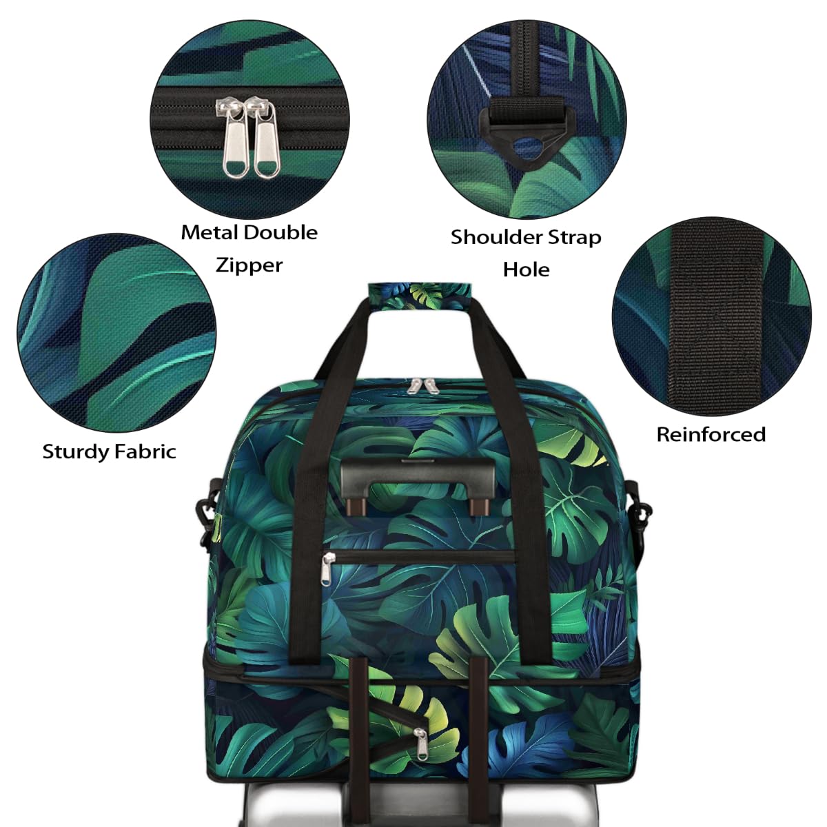 Borsone estivo da viaggio pieghevole con foglie di palma tropicale, borsa da palestra espandibile con scomparto per scarpe, borsa da weekender di grande capacità, borsa da viaggio per sport, viaggi