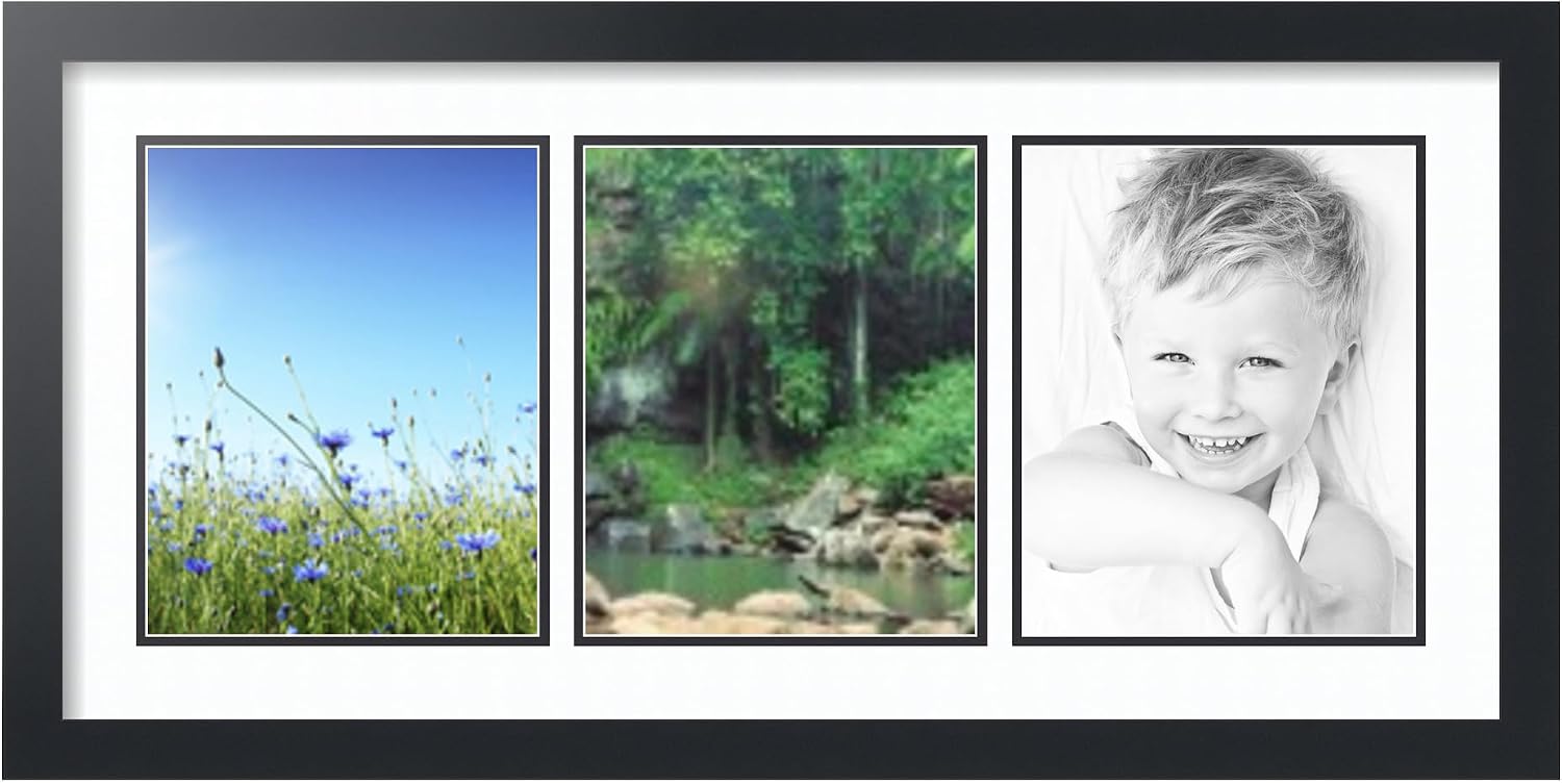 ArtToFrames Double-Multimat-25-61/89-FRBW26079 Collage Photo Frame Double Mat with 3-8x10 Openings and Satin Black Frame, Super White, 3-8x10