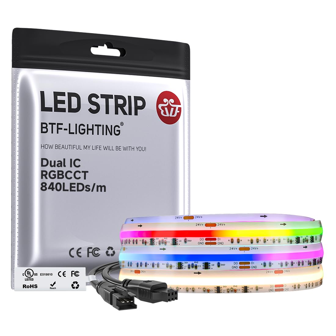 BTF-LIGHTING FCOB COB RGBCCT SPI LED Streifen Adressierbarer Dual IC Dimmbar RGB+CCT Einstellbares Weiß 3000K-6000K Flexibel LED Band 3M 840LEDs/m 24V IP66 Weiße PCB für Heimdekoration(Nur Streifen