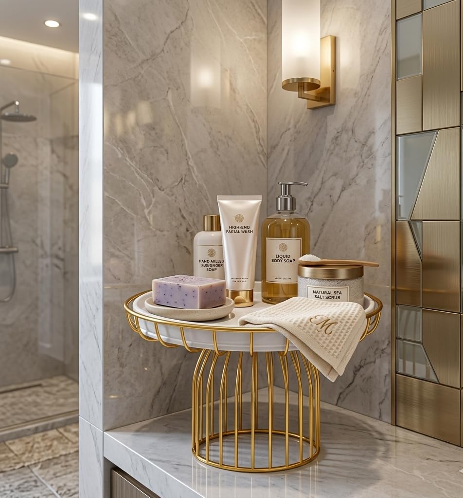 Luxury Bathroom Spa Set with Gold Wire Tray Organiser | Facial Wash Included, Natural Sea Salt Scrub, Liquid Body Soap, Hand Milled Soap Bar, Waffle Towel Included-image-34