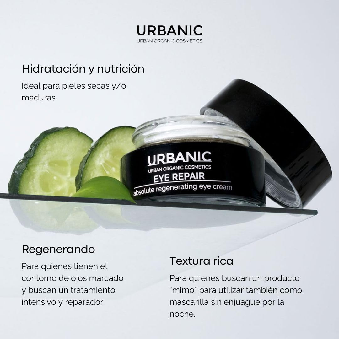 URBANIC Crema Intensiva Contorno de Ojos Eye Repair, Contorno de Ojos Ojeras con Ceramidas 15 ml de producto, Tratamiento intensivo contorno de ojos Sin SLS, SLES y PEG para arrugas, bolsas y ojeras